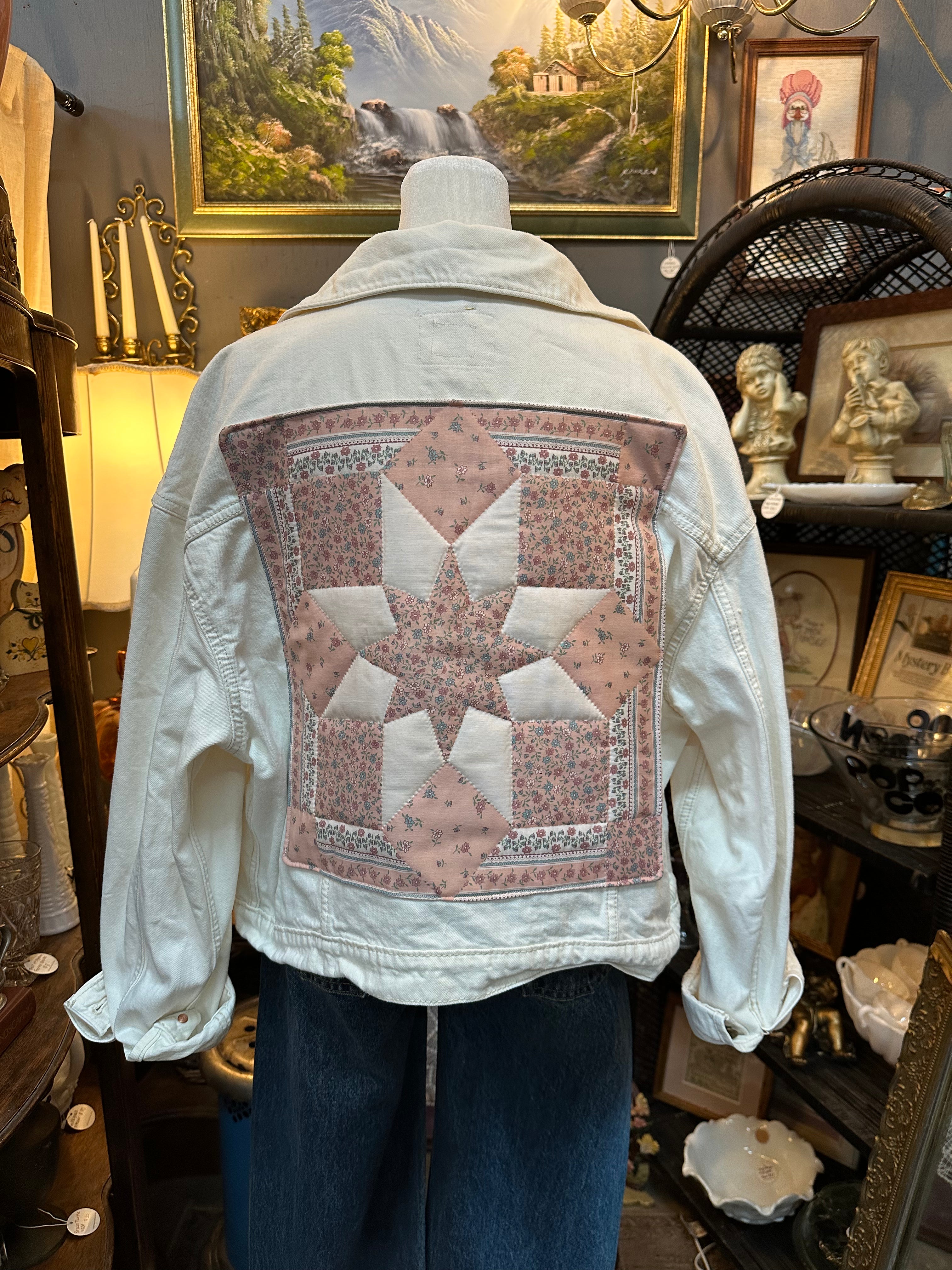 Pink and White Quilt Block Denim Jacket